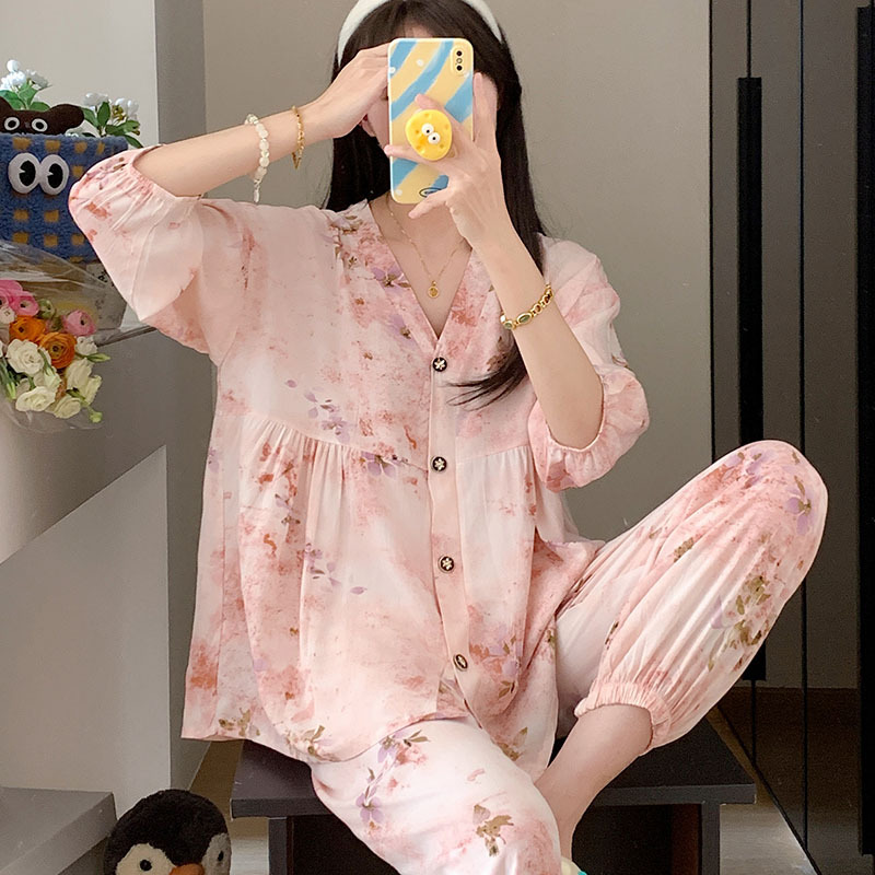 MICOACH  春夏七分袖棉綢寬版睡衣套組